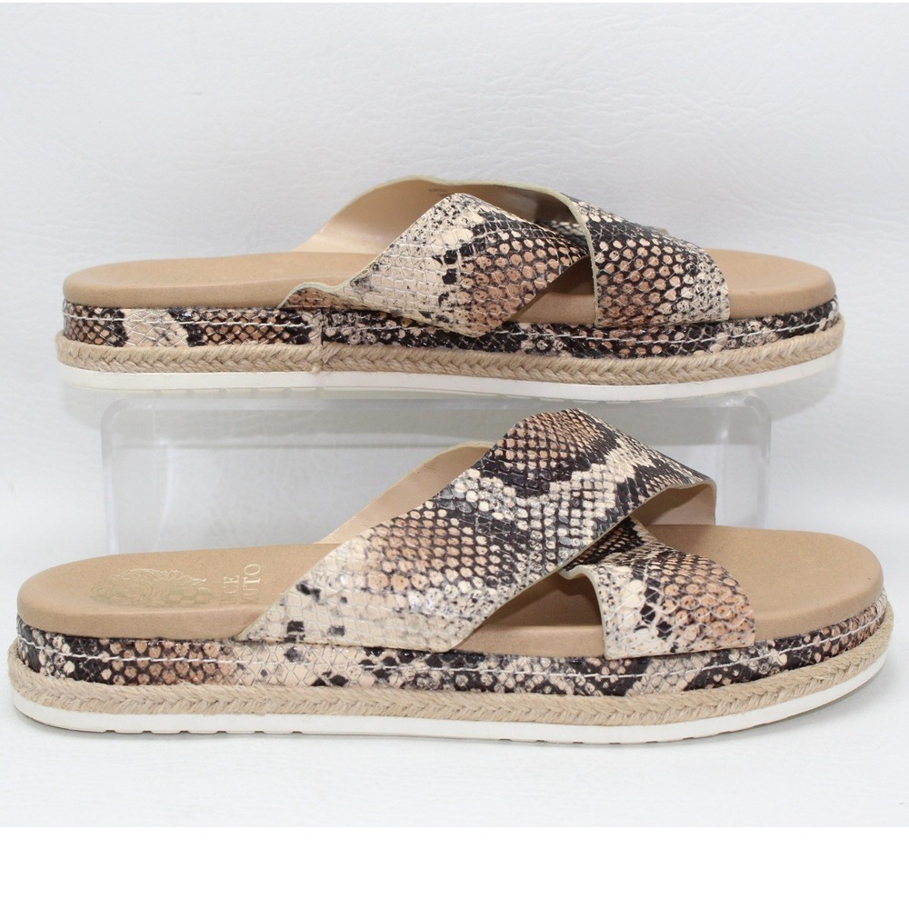 Vince Camuto Rickert Snake Print Leather Platform Espadrille Slides Tan‎ 7W 37.5